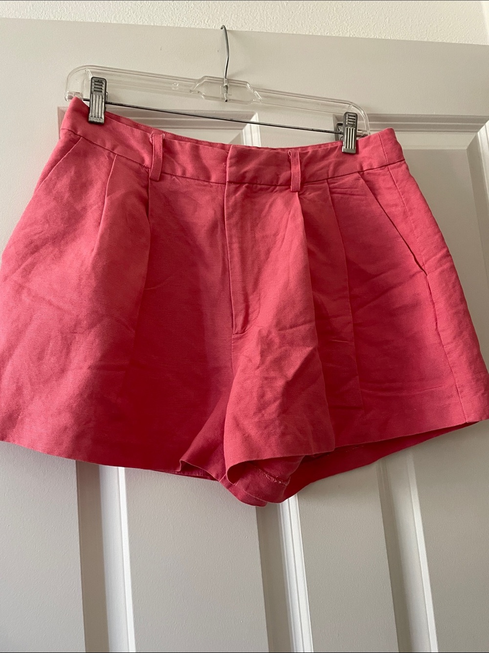 PAIGE Coral Pink High-Waist Pleated Shorts